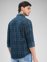 Men Shirt Check Teal Green Slim Fit