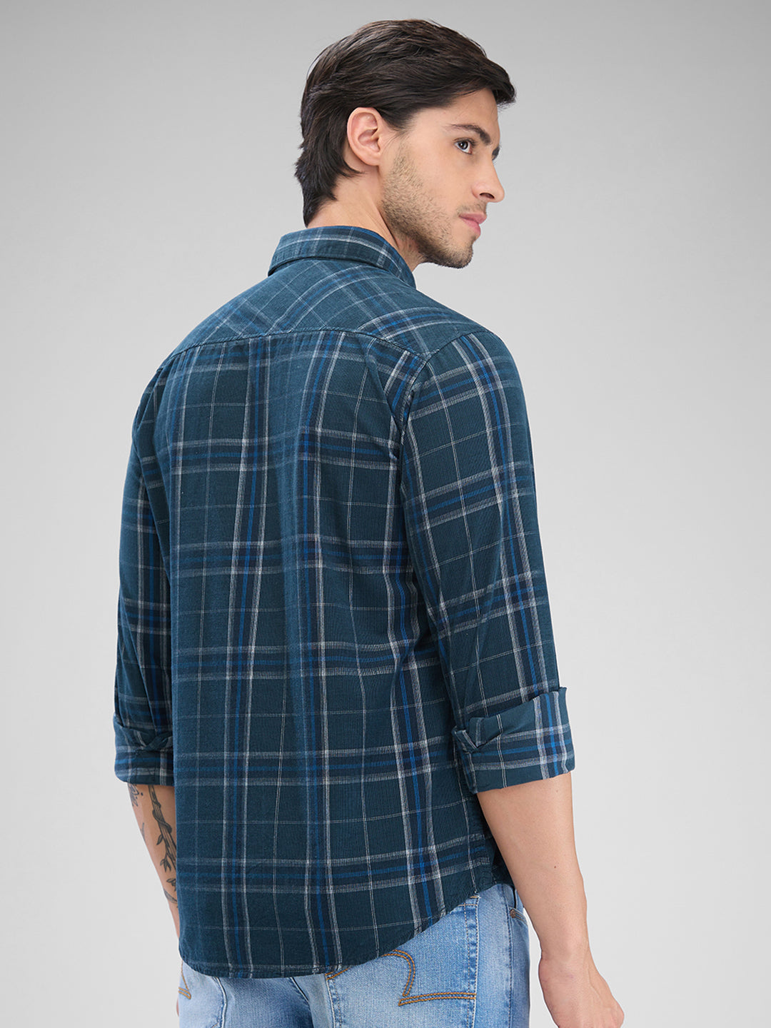 Men Shirt Check Teal Green Slim Fit