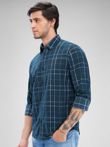 Men Shirt Check Teal Green Slim Fit
