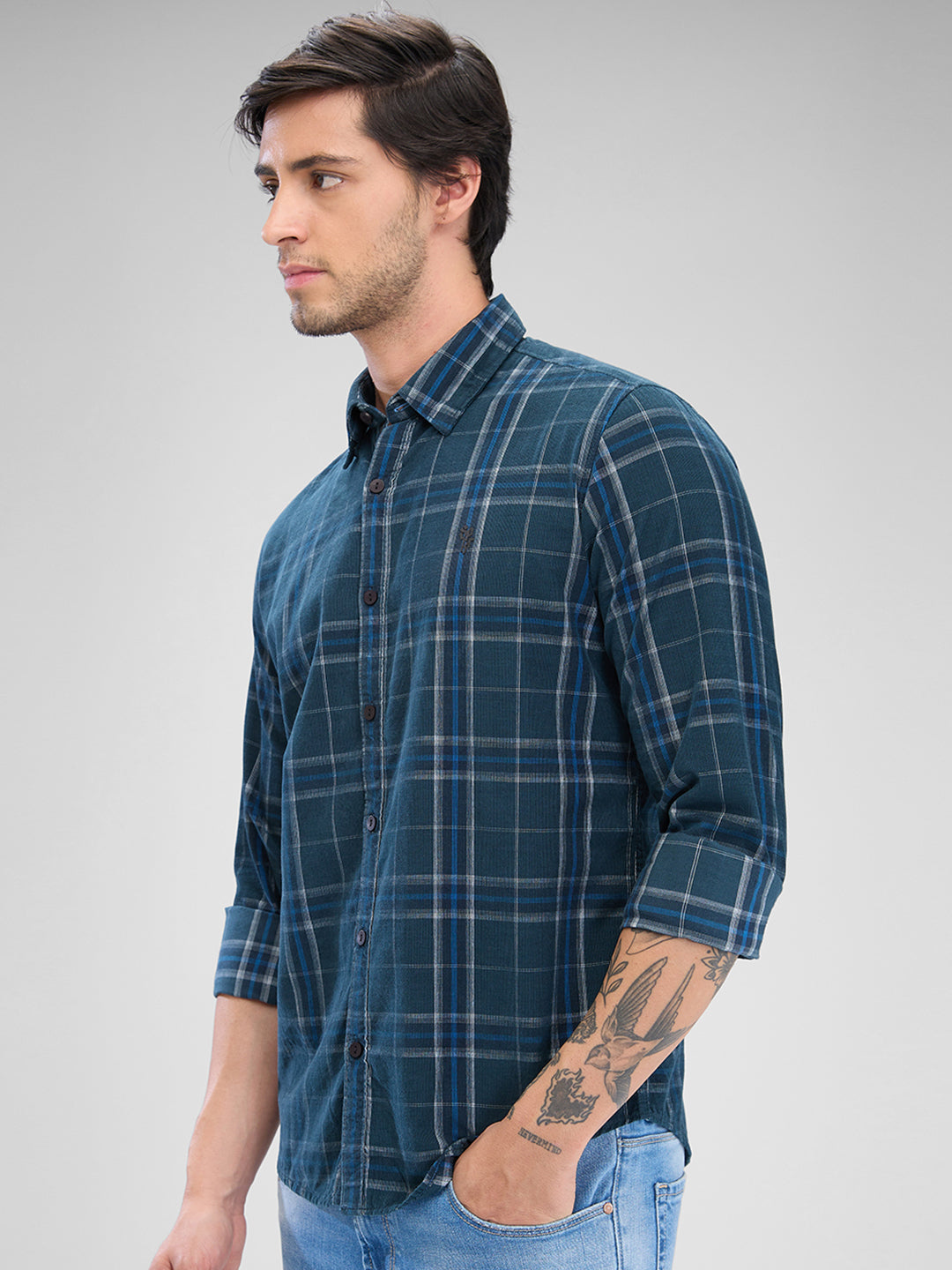 Men Shirt Check Teal Green Slim Fit