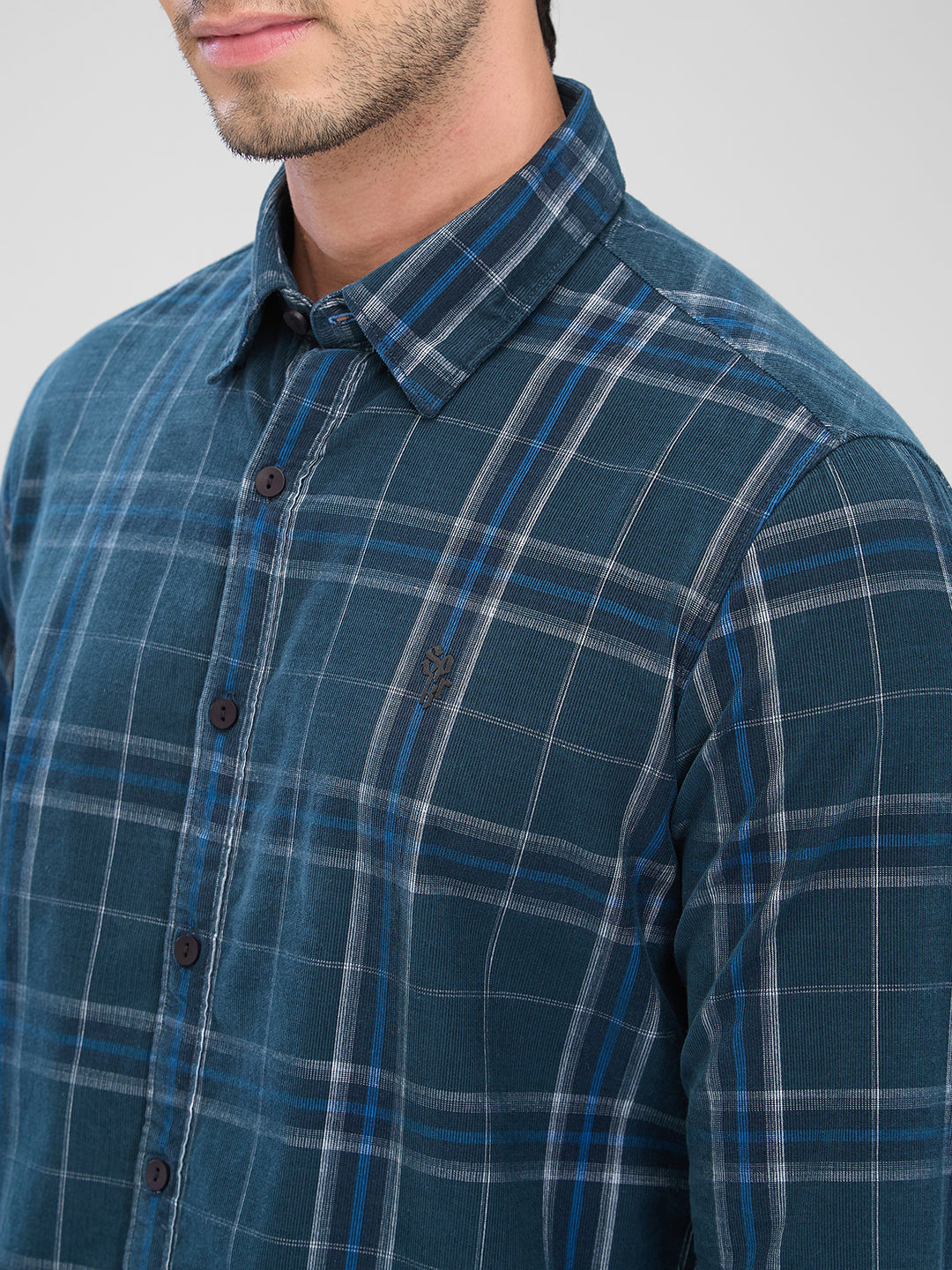 Men Shirt Check Teal Green Slim Fit