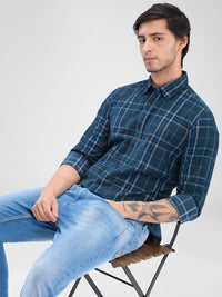 Men Shirt Check Teal Green Slim Fit