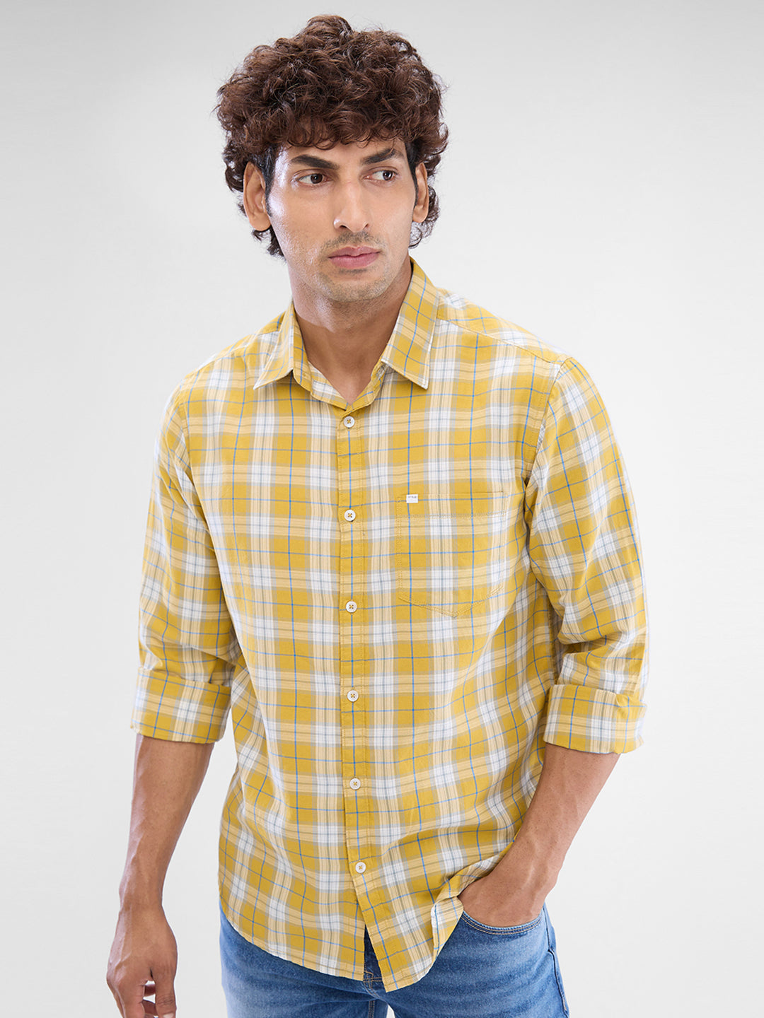 Spykar Sulphur Yellow Cotton Full Sleeve Raised Collar Shirt For Men