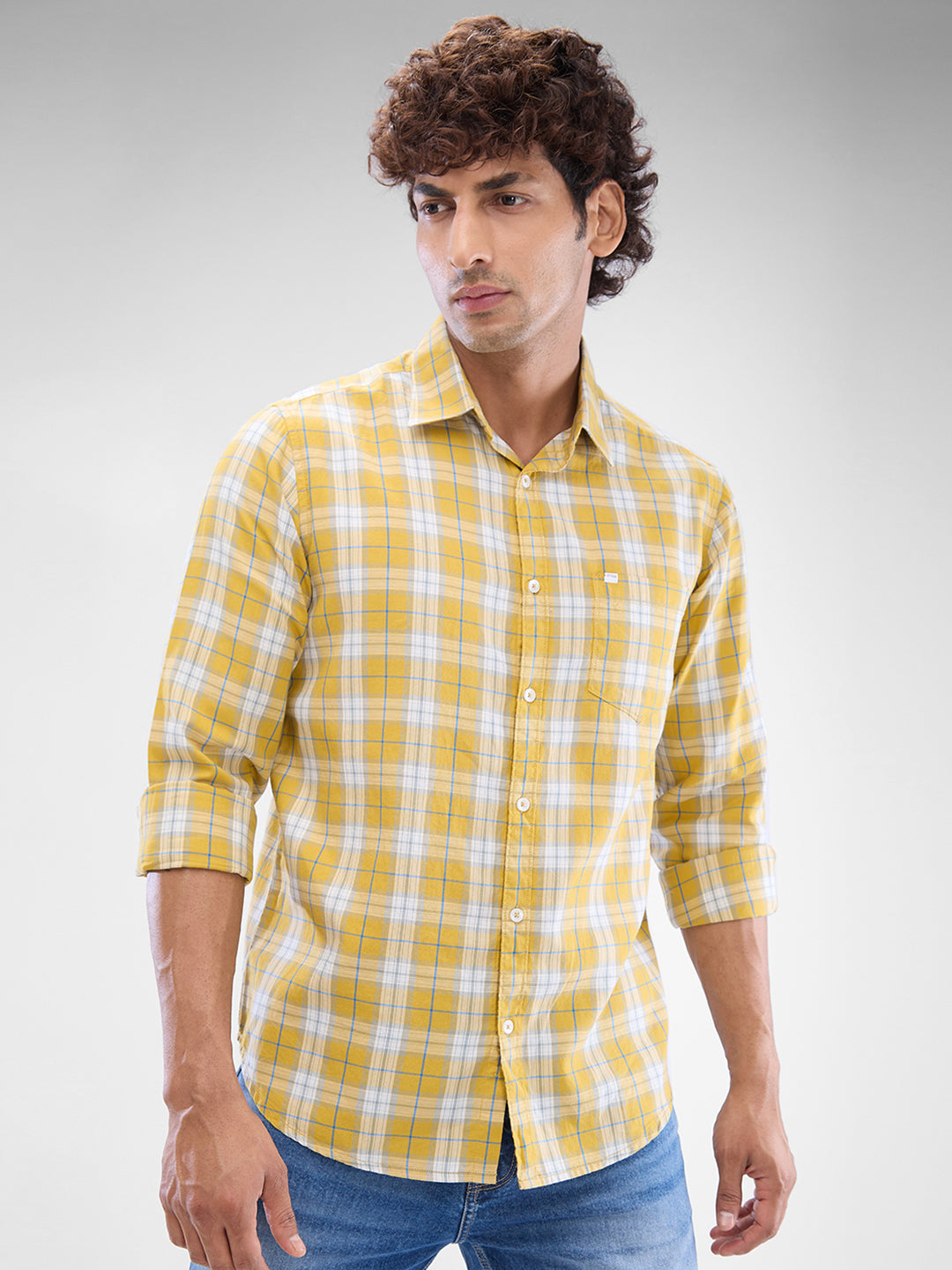 Spykar Sulphur Yellow Cotton Full Sleeve Raised Collar Shirt For Men