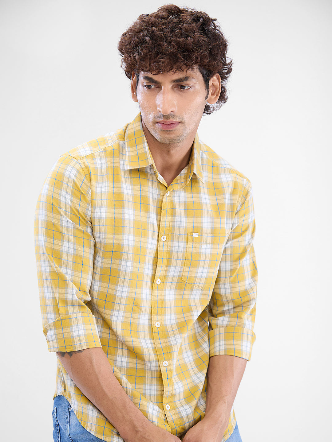 Spykar Sulphur Yellow Cotton Full Sleeve Raised Collar Shirt For Men