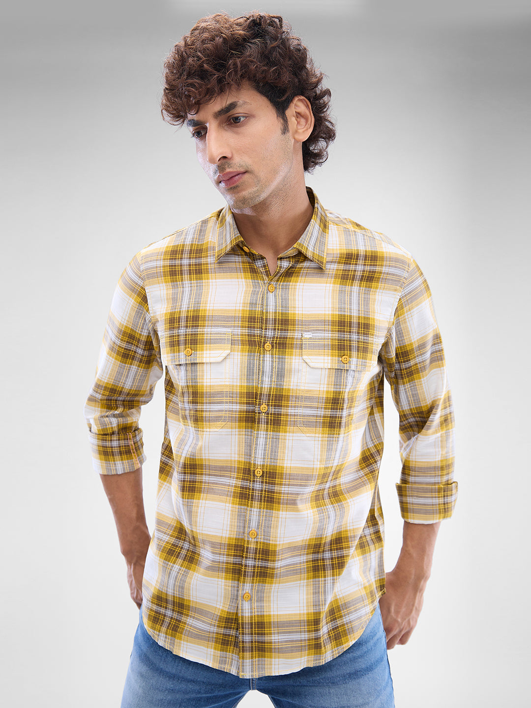 Spykar Sulphur Yellow Cotton Full Sleeve Raised Collar Shirt For Men