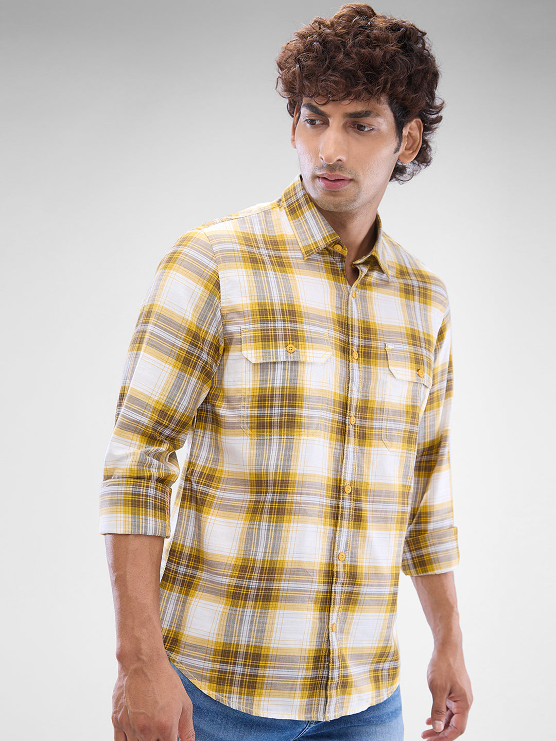 Spykar Sulphur Yellow Cotton Full Sleeve Raised Collar Shirt For Men