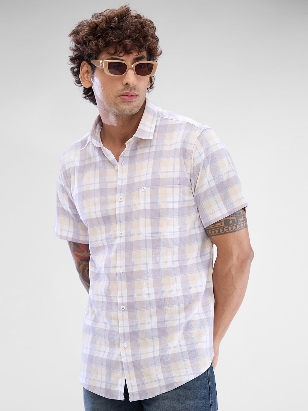 Spykar Powder Yellow Cotton Polyester Half Sleeve Raised Collar Shirt For Men