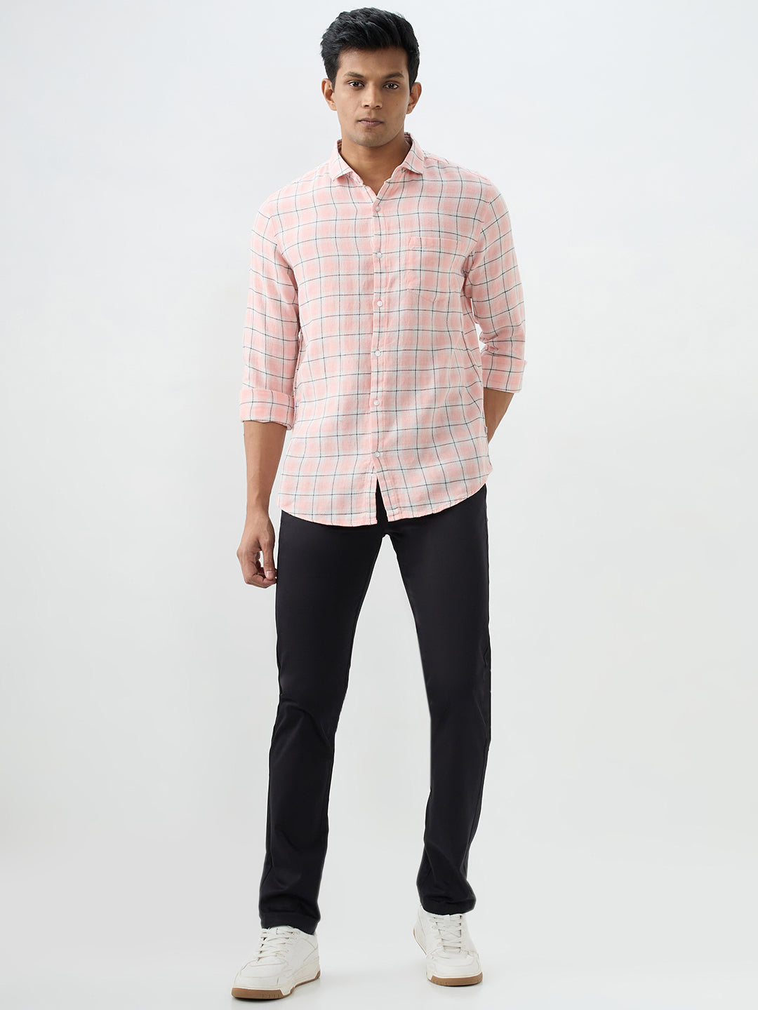 Spykar Peach Pink Slim Fit Shirts For Men