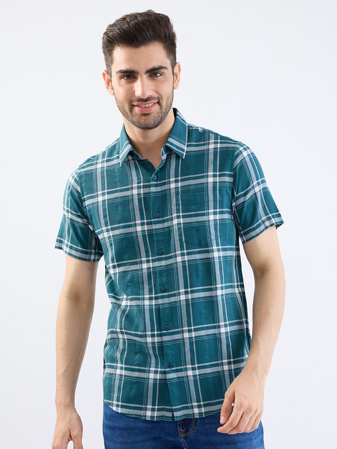 Spykar Teal Green Slim Fit Casual Shirts For Men