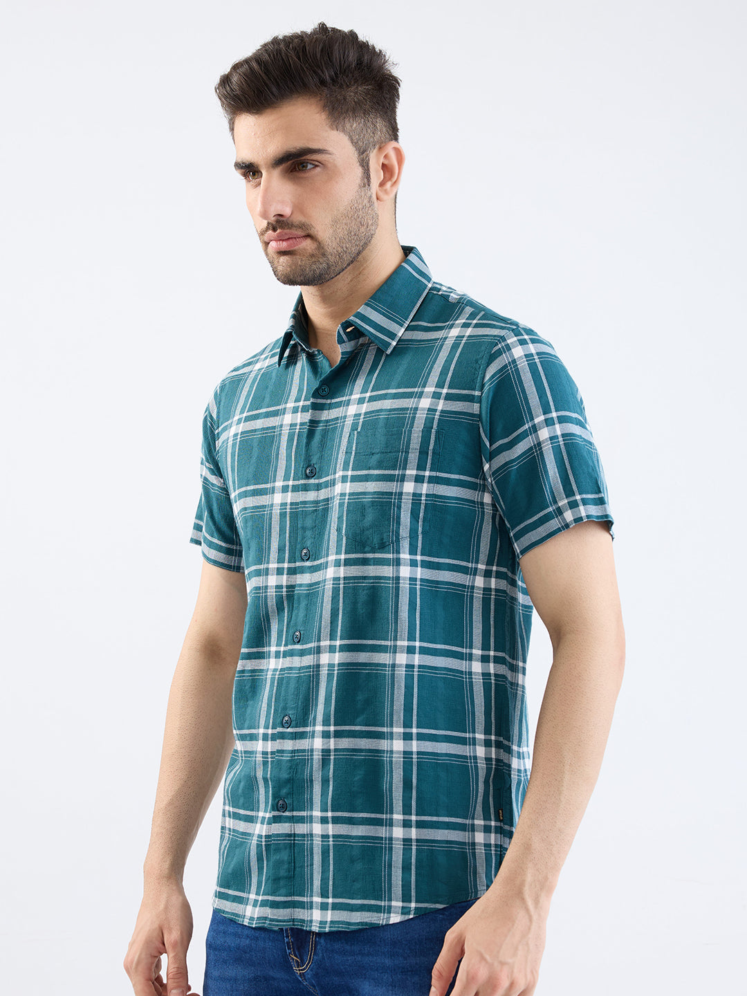 Spykar Teal Green Slim Fit Casual Shirts For Men