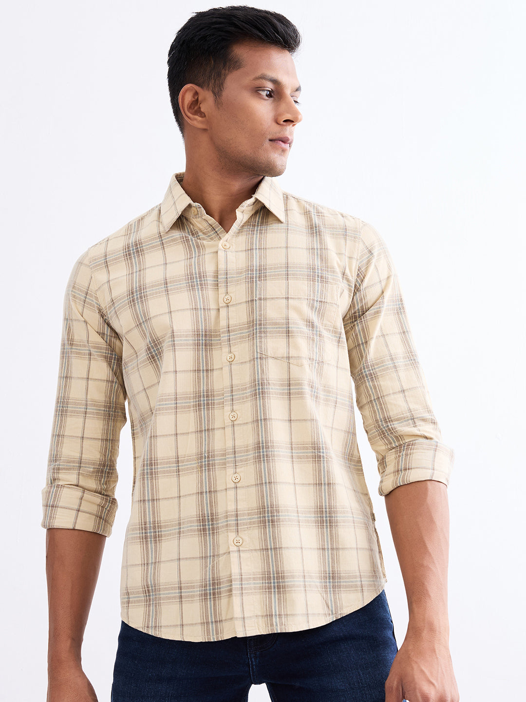 Spykar Light Fawn Slim Fit Casual Shirts For Men