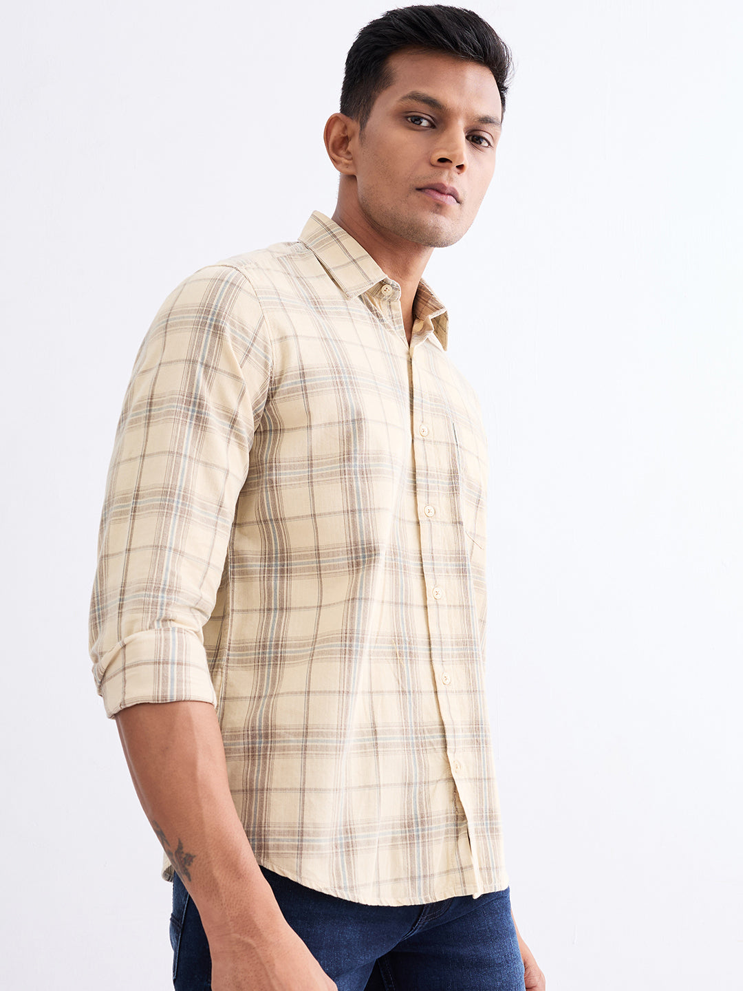 Spykar Light Fawn Slim Fit Casual Shirts For Men