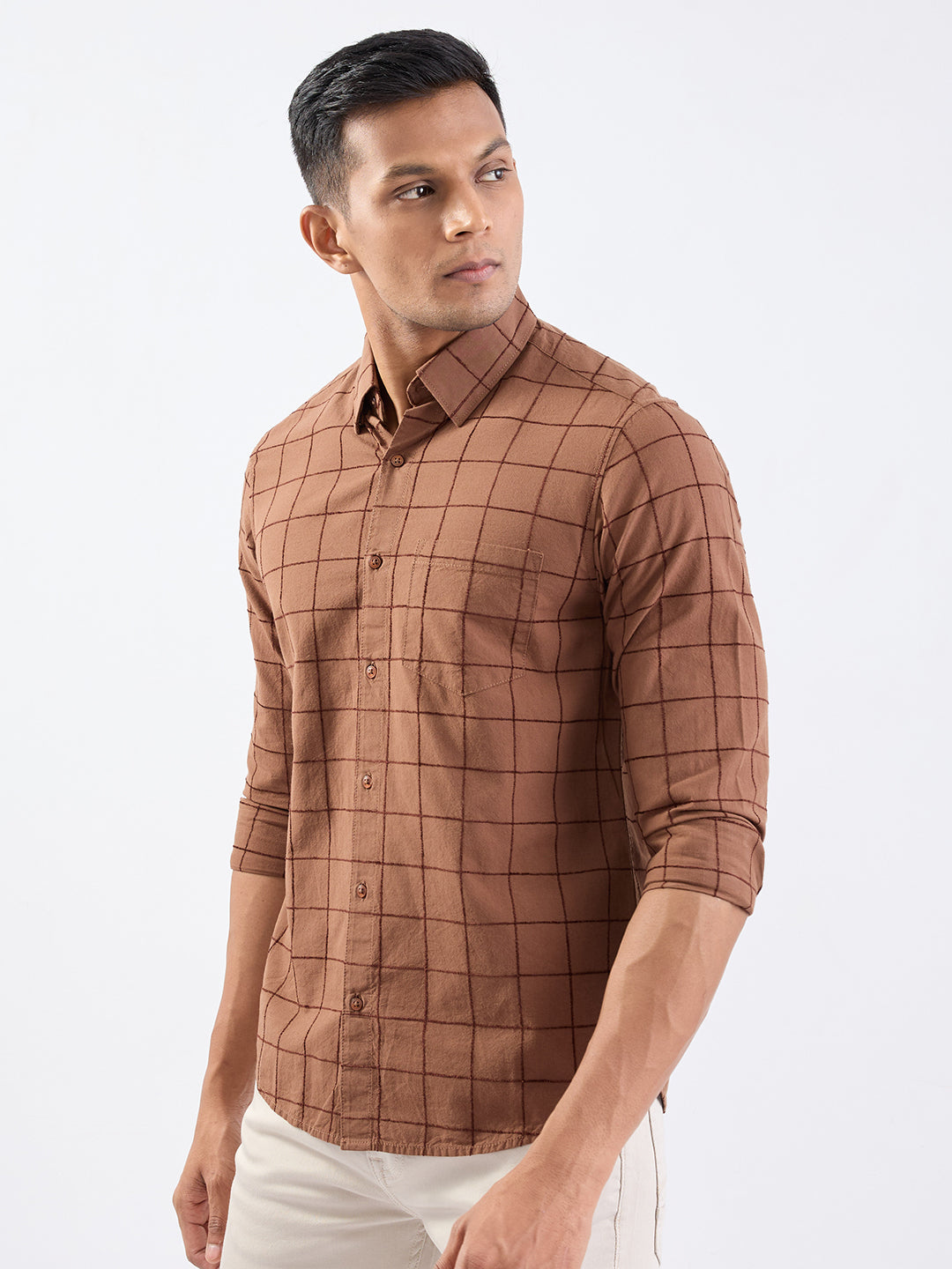 Spykar Bison Brown Slim Fit Casual Shirts For Men