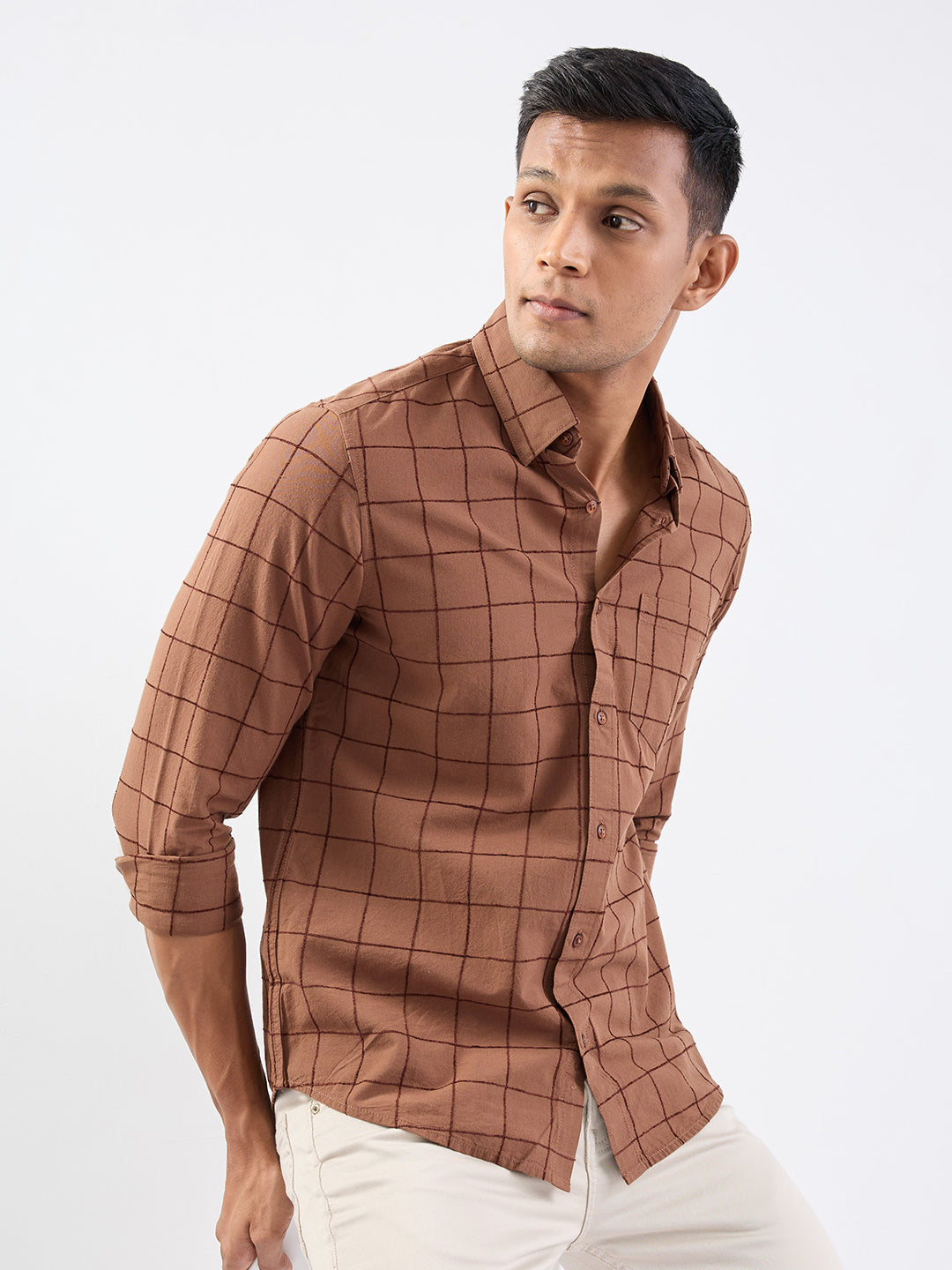 Spykar Bison Brown Slim Fit Casual Shirts For Men