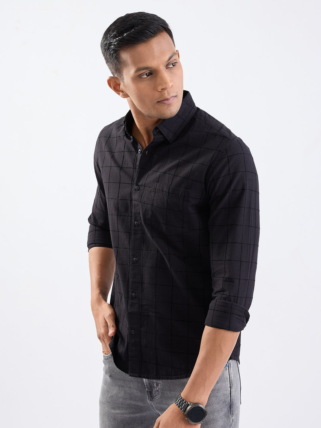 Spykar Jet Black Slim Fit Casual Shirts For Men