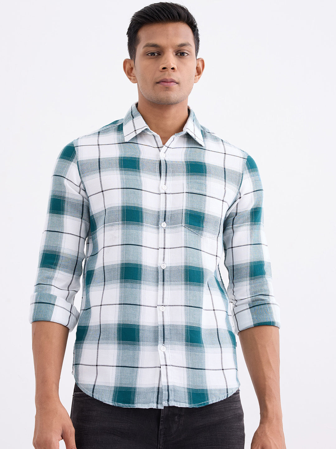 Spykar Teal Green Slim Fit Casual Shirts For Men