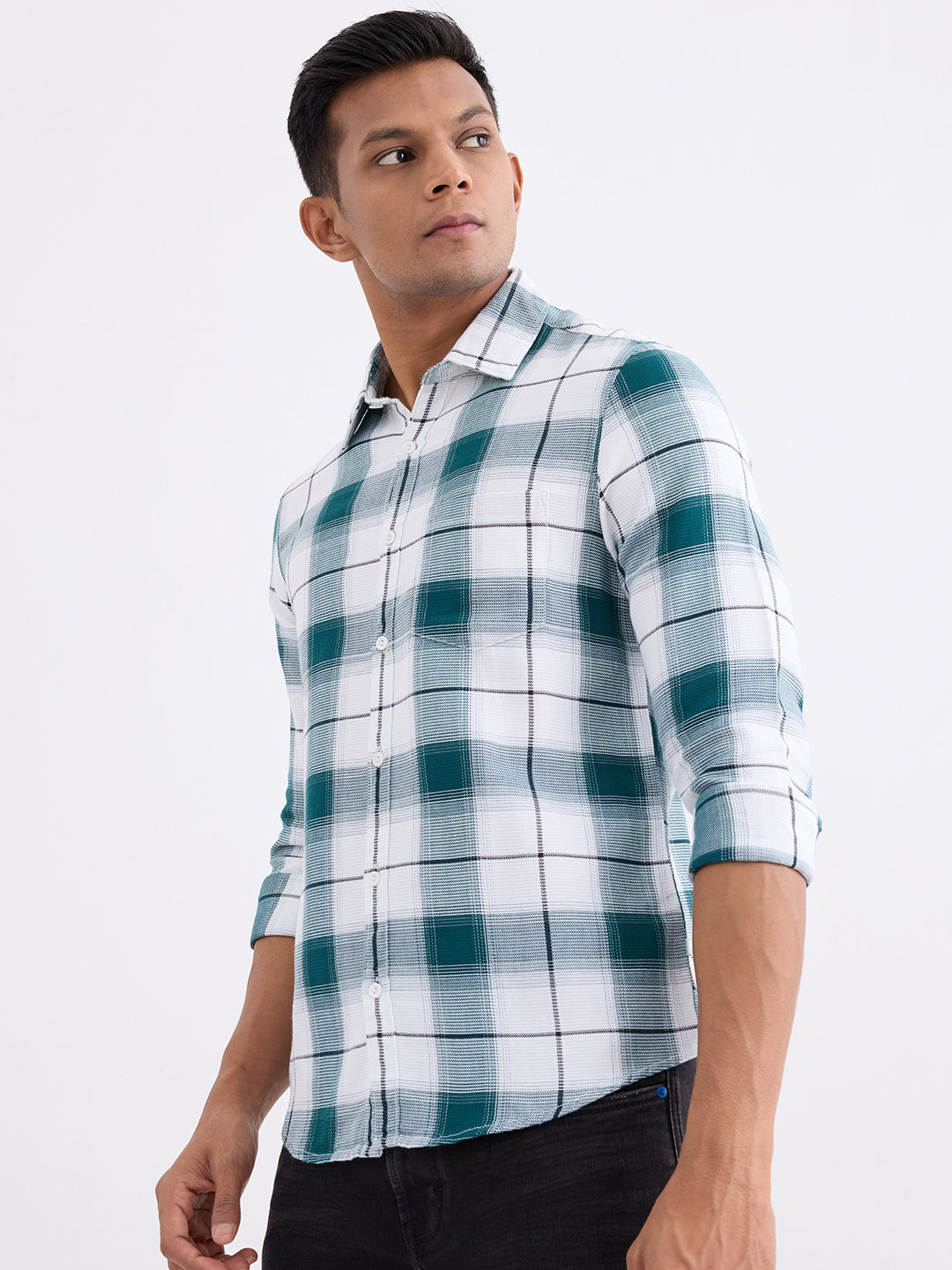 Spykar Teal Green Slim Fit Casual Shirts For Men