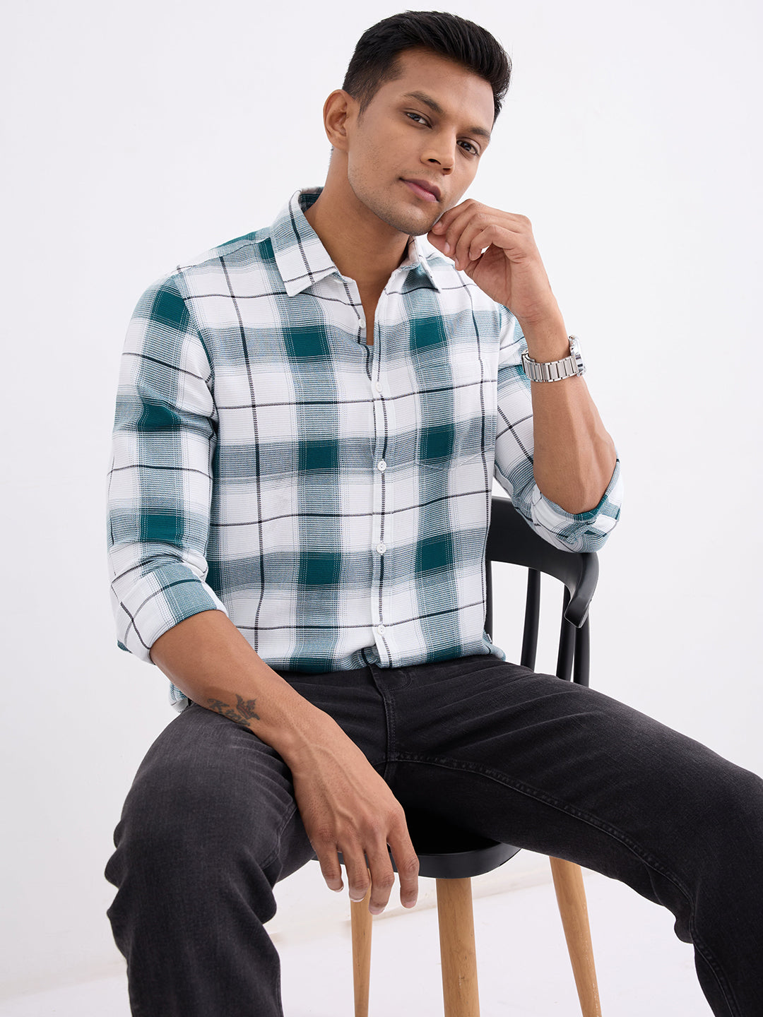 Spykar Teal Green Slim Fit Casual Shirts For Men