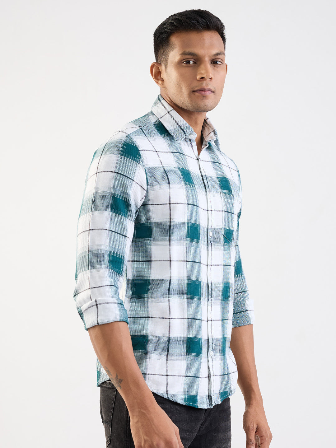 Spykar Teal Green Slim Fit Casual Shirts For Men