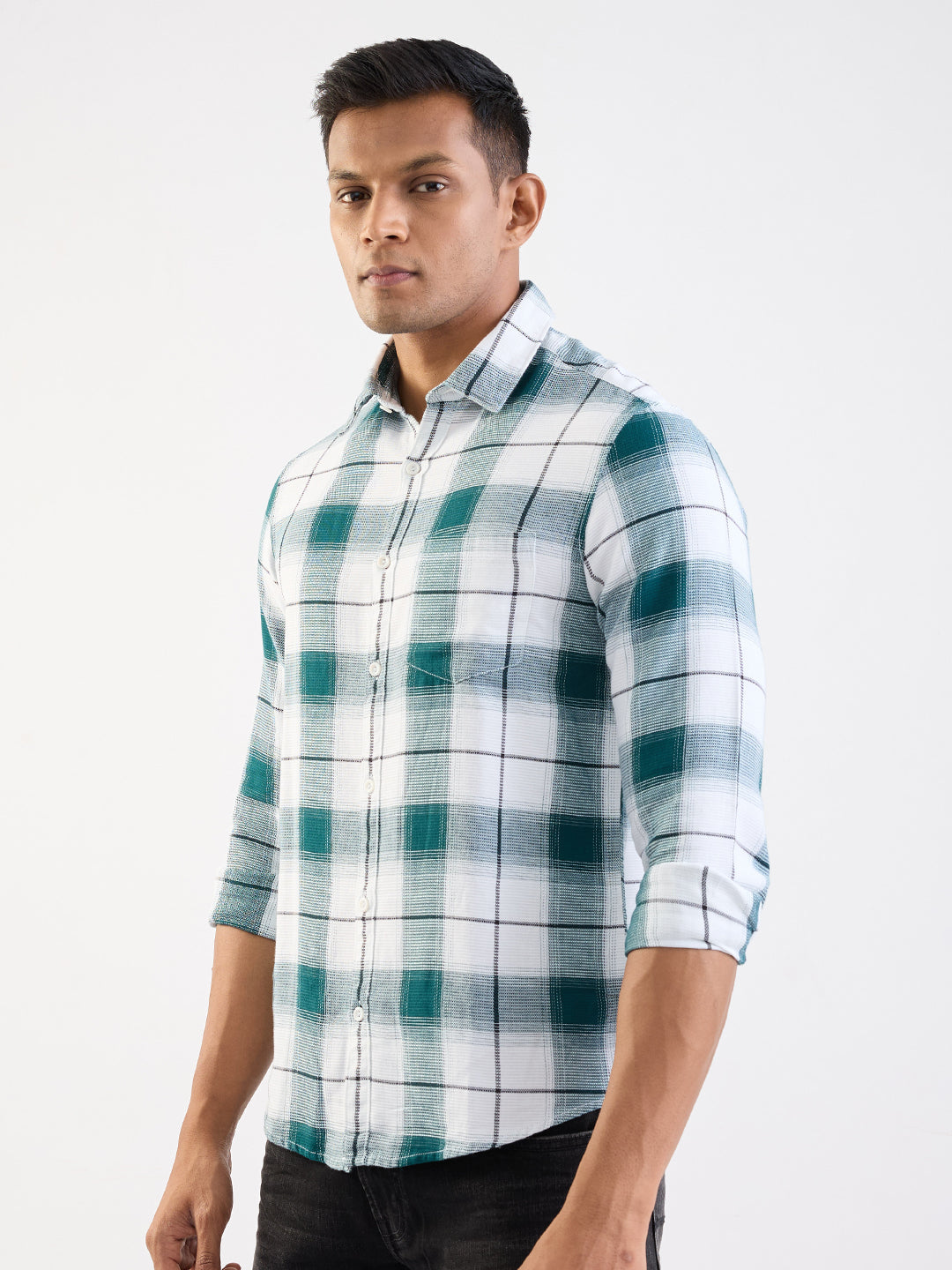 Spykar Teal Green Slim Fit Casual Shirts For Men