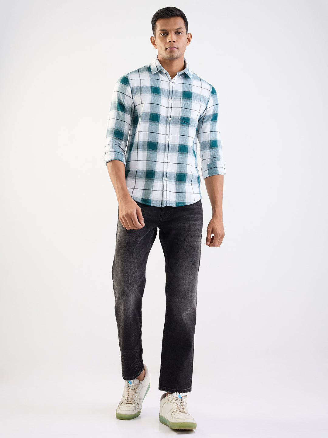 Spykar Teal Green Slim Fit Casual Shirts For Men