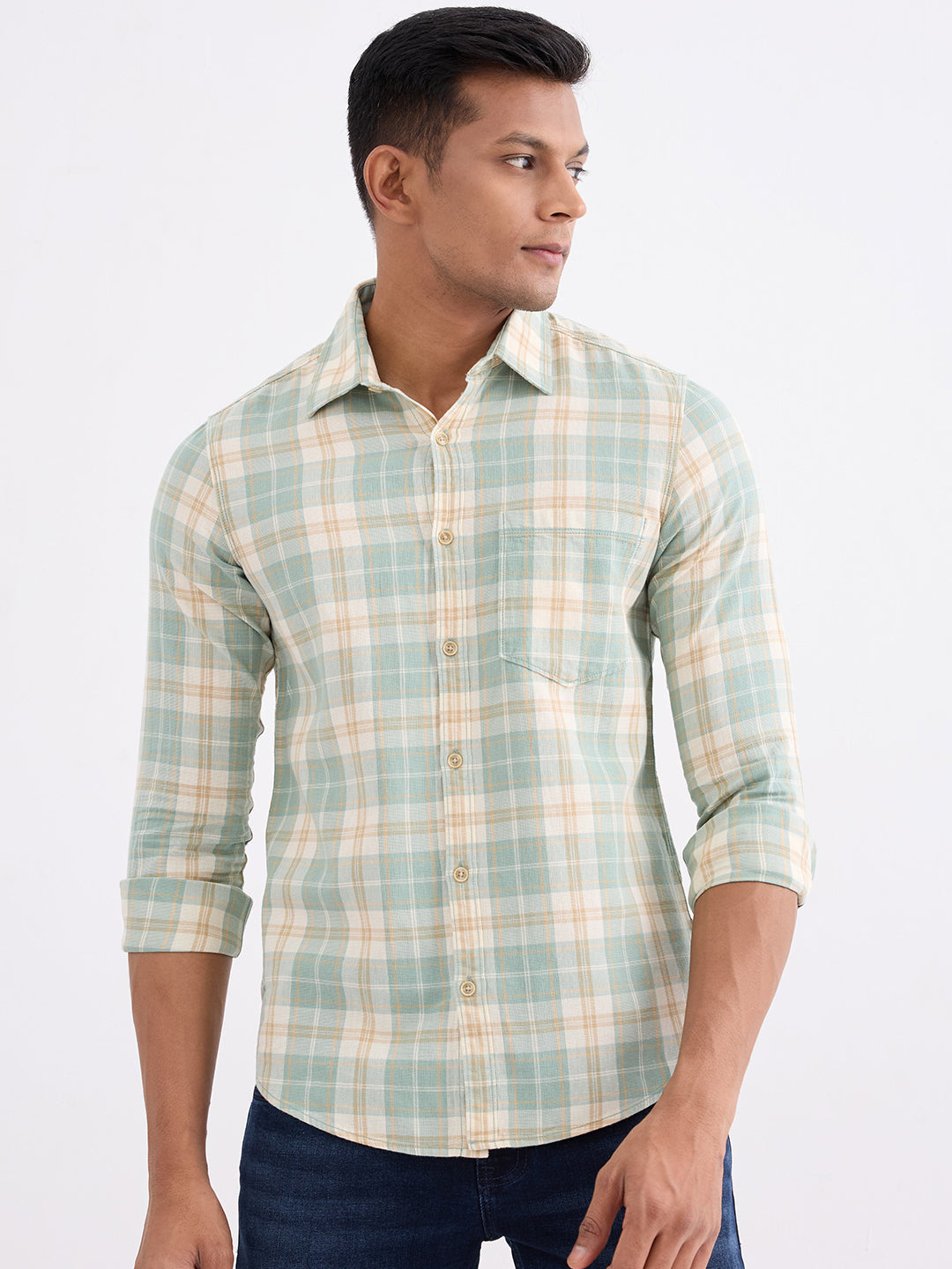 Spykar Granite Green Slim Fit Casual Shirts For Men