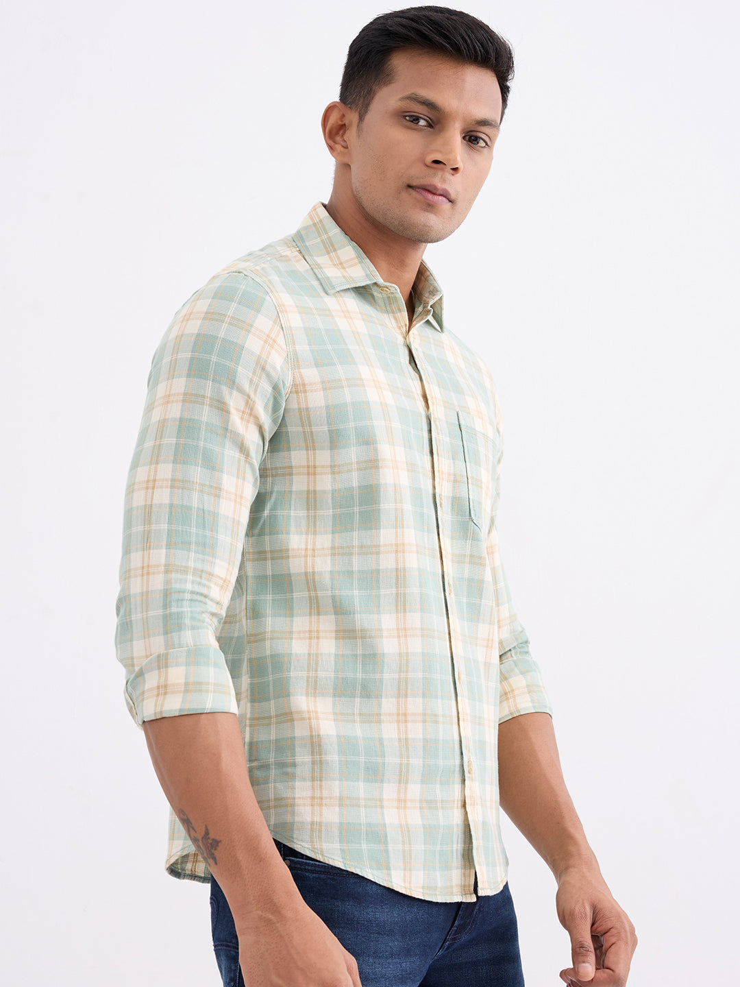 Spykar Granite Green Slim Fit Casual Shirts For Men