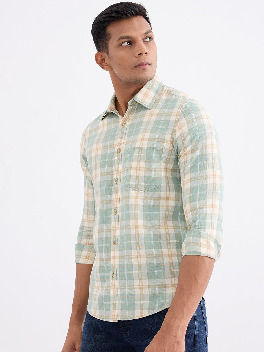 Spykar Granite Green Slim Fit Casual Shirts For Men