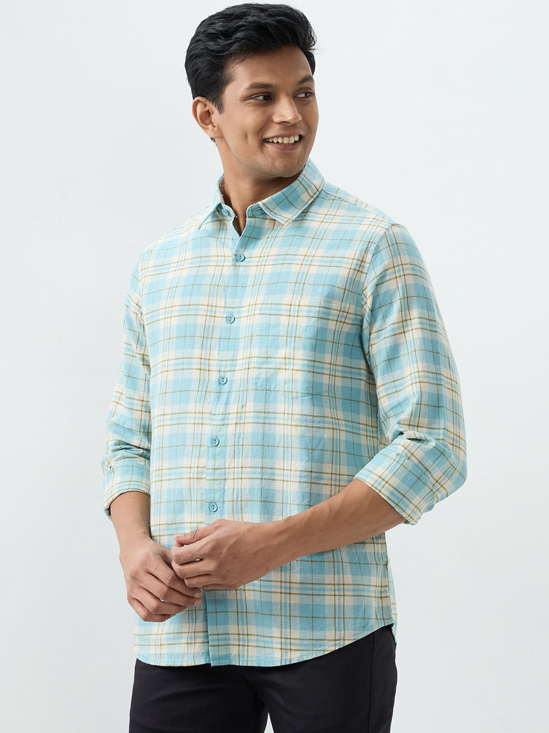 Spykar Cameo Blue Slim Fit Shirts For Men