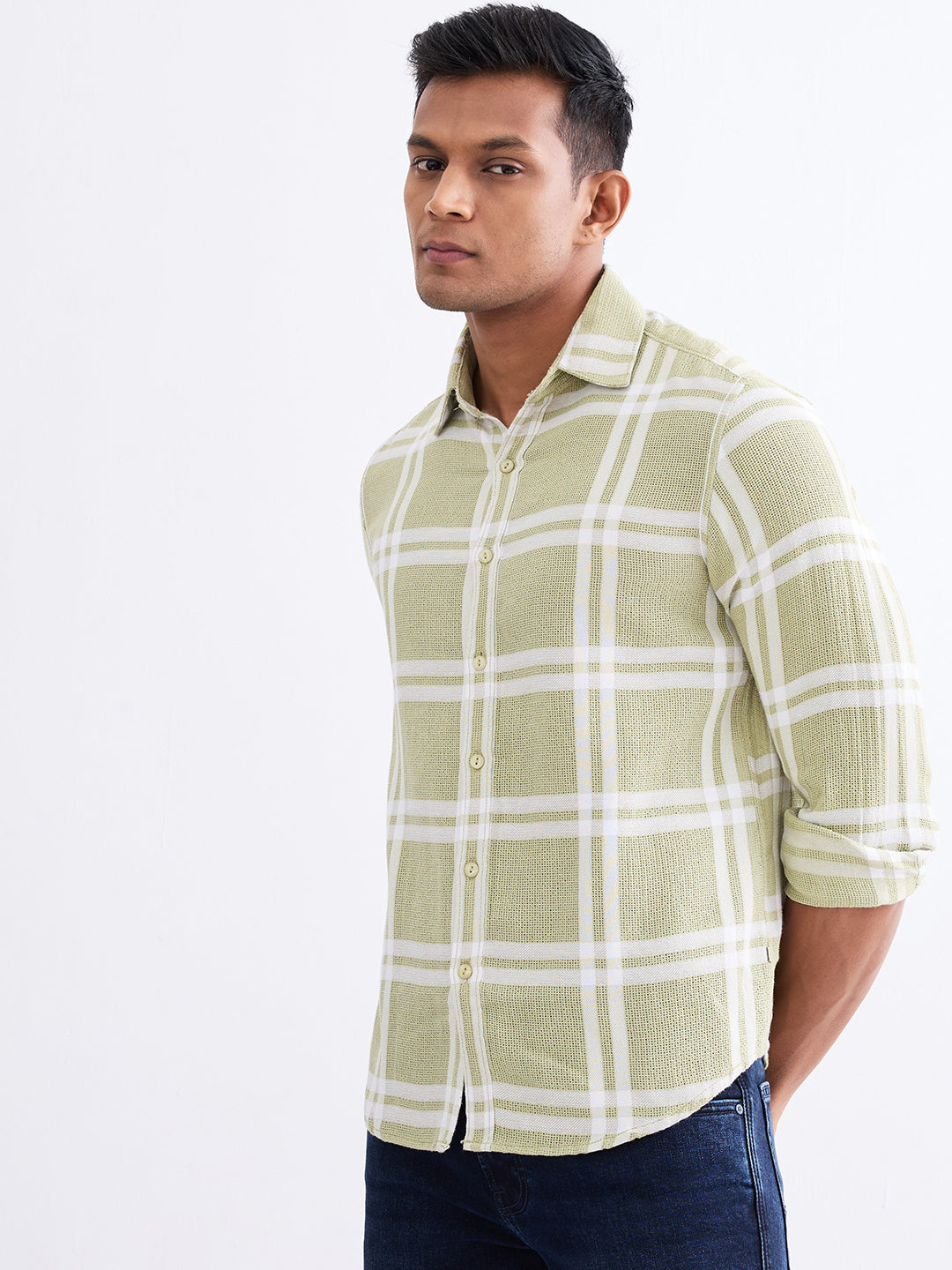 Spykar Lint Green Slim Fit Casual Shirts For Men