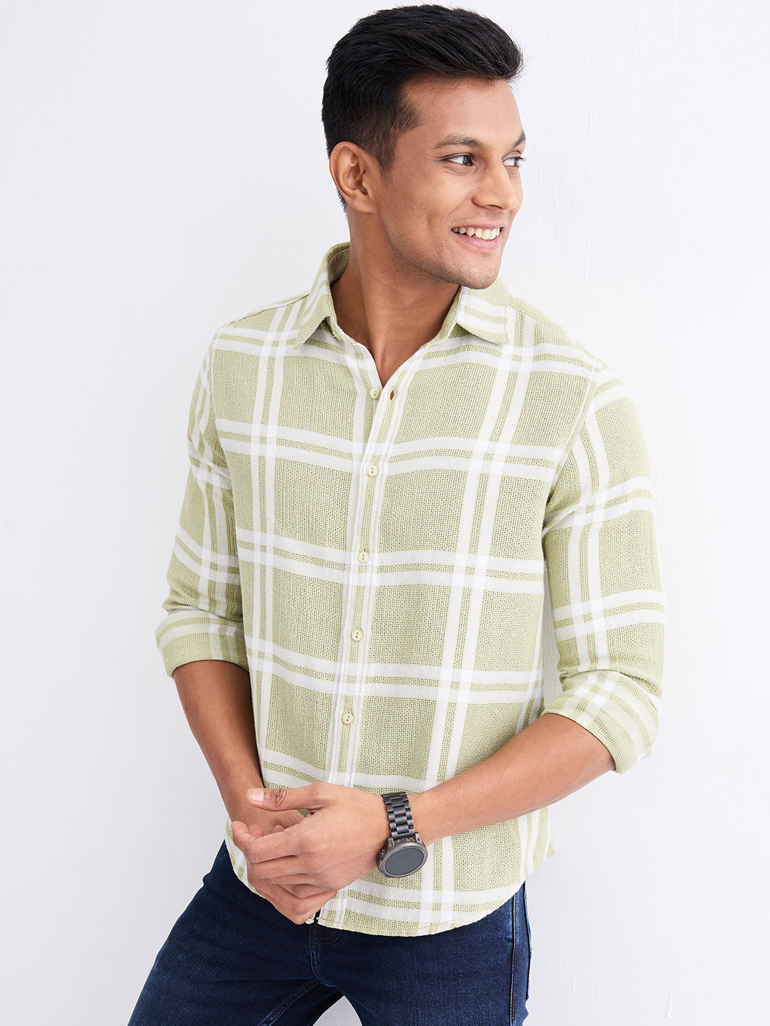 Spykar Lint Green Slim Fit Casual Shirts For Men