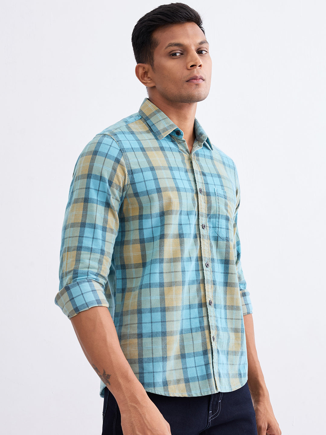 Spykar Cameo Blue Slim Fit Casual Shirts For Men