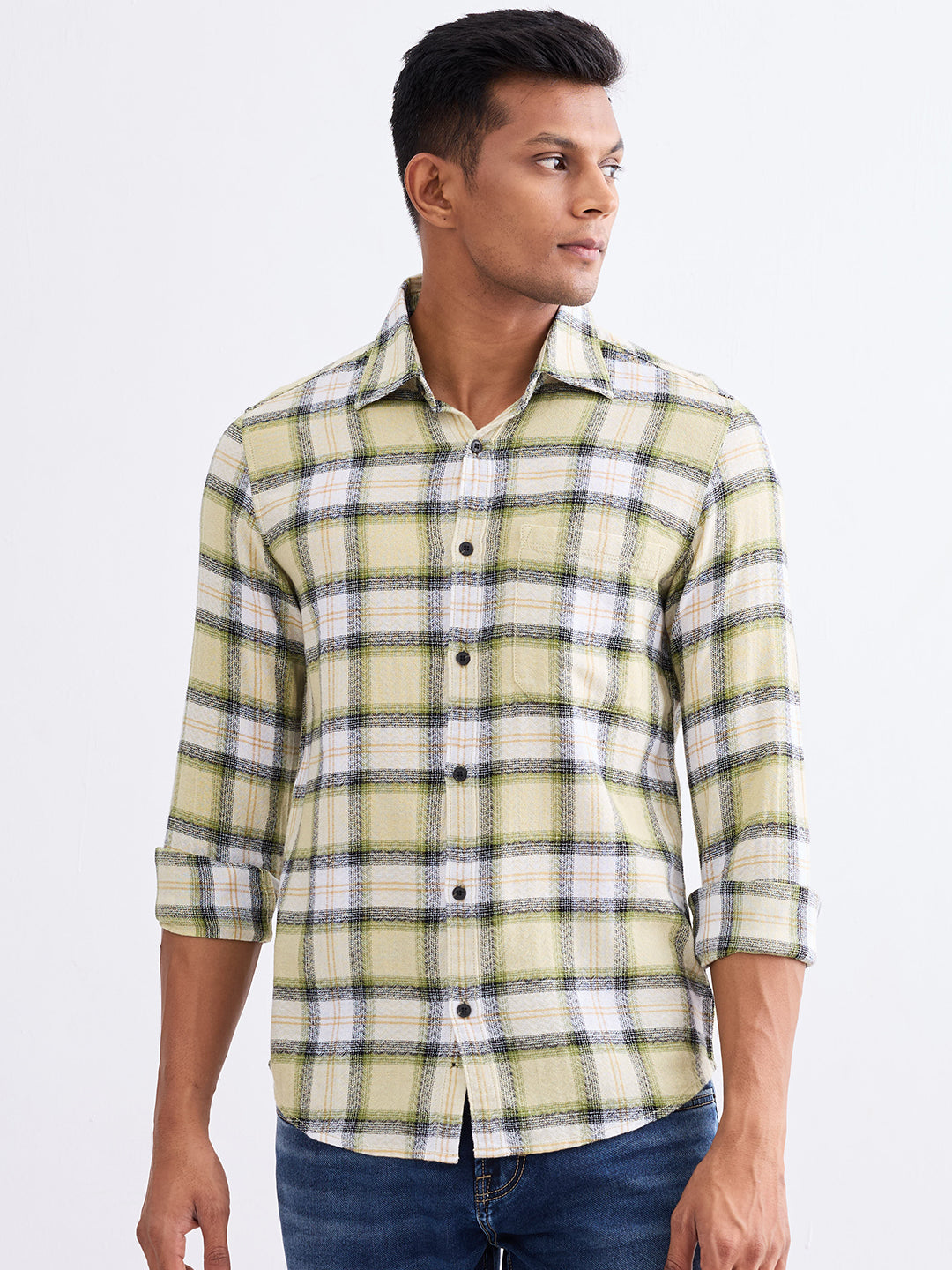 Spykar Lint Green Slim Fit Casual Shirts For Men