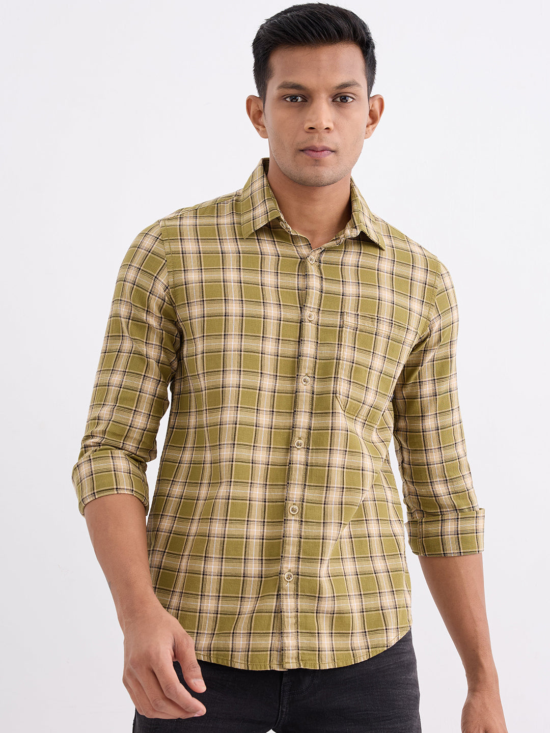 Spykar Avocado Green Slim Fit Casual Shirts For Men