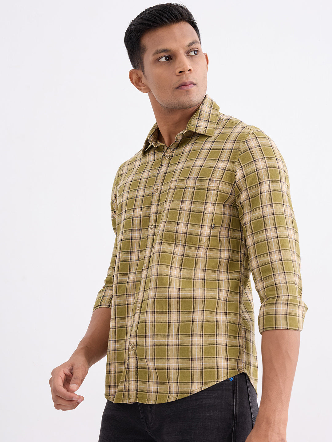 Spykar Avocado Green Slim Fit Casual Shirts For Men