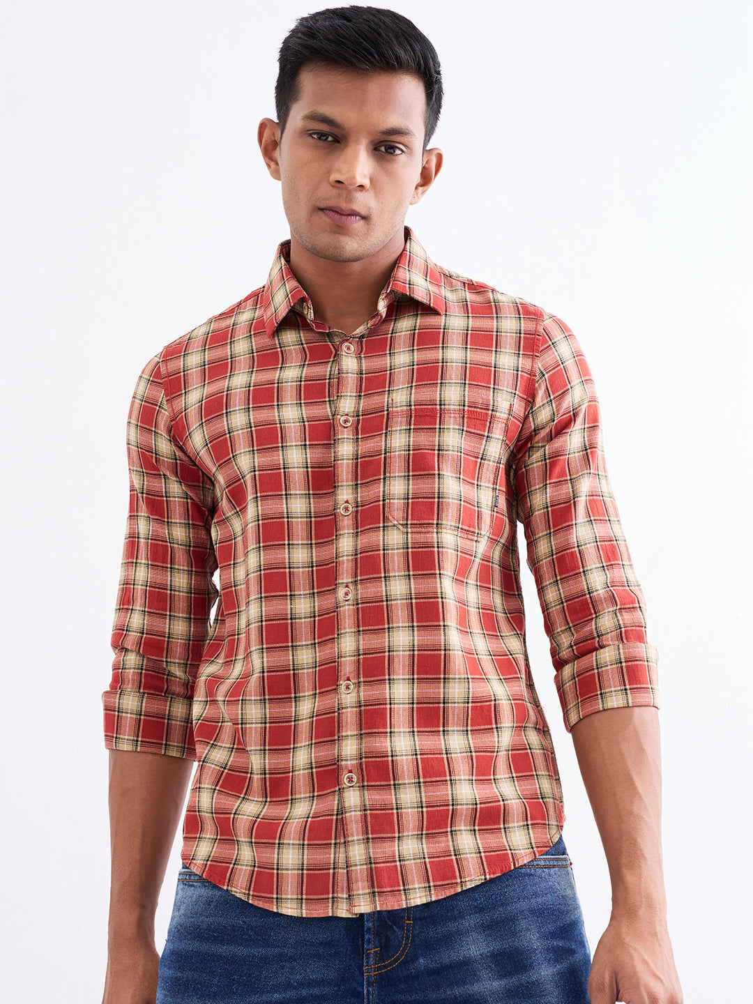 Spykar Brick Red Slim Fit Casual Shirts For Men