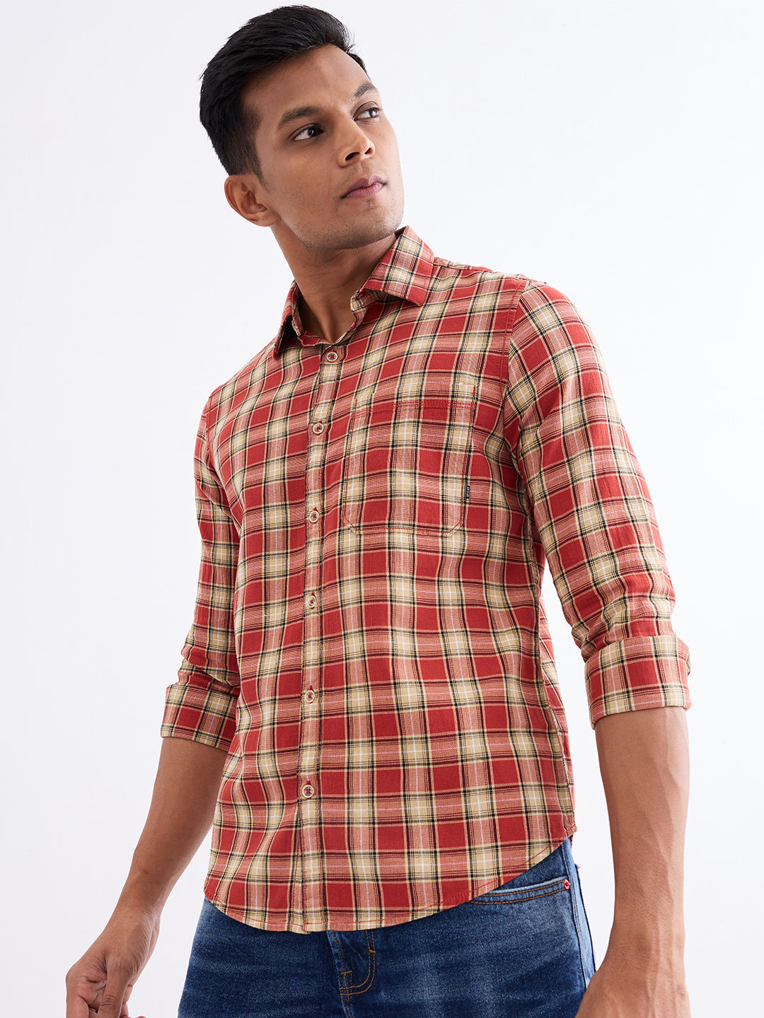 Spykar Brick Red Slim Fit Casual Shirts For Men