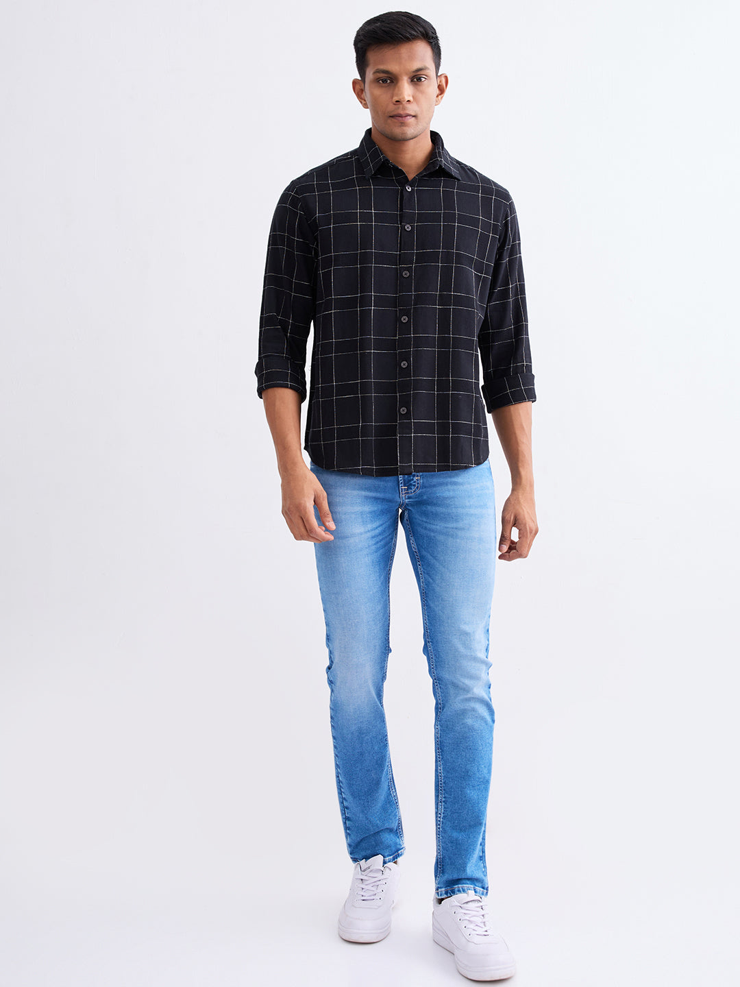 Spykar Jet Black Slim Fit Casual Shirts For Men