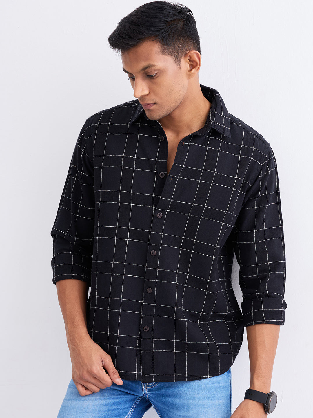 Spykar Jet Black Slim Fit Casual Shirts For Men