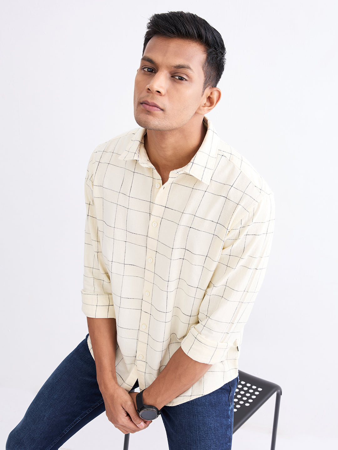 Spykar Off White Slim Fit Casual Shirts For Men