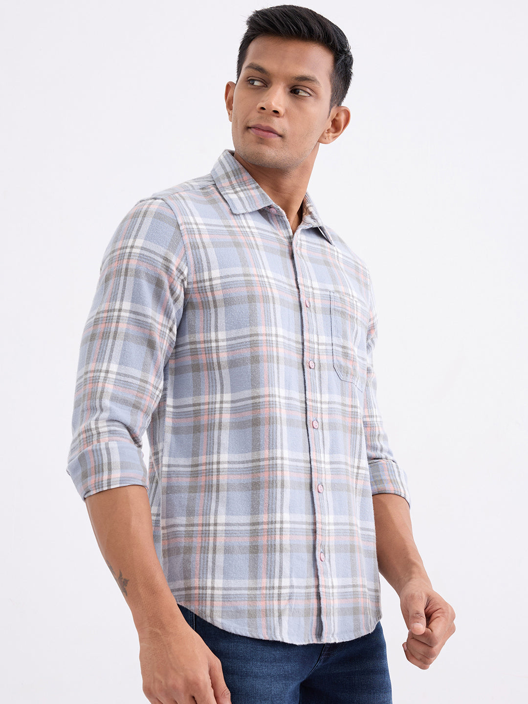 Spykar Cameo Blue Slim Fit Casual Shirts For Men