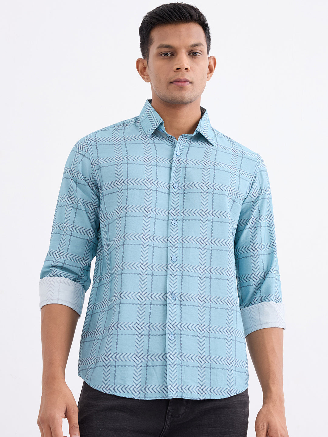 Spykar Cameo Blue Slim Fit Casual Shirts For Men