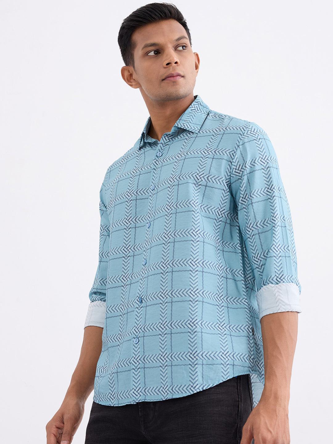 Spykar Cameo Blue Slim Fit Casual Shirts For Men