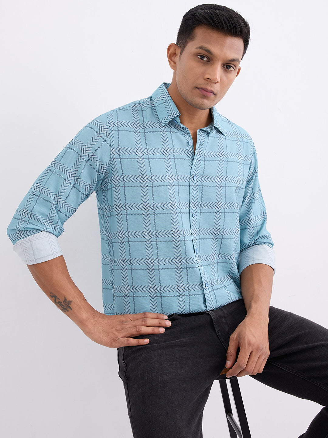 Spykar Cameo Blue Slim Fit Casual Shirts For Men