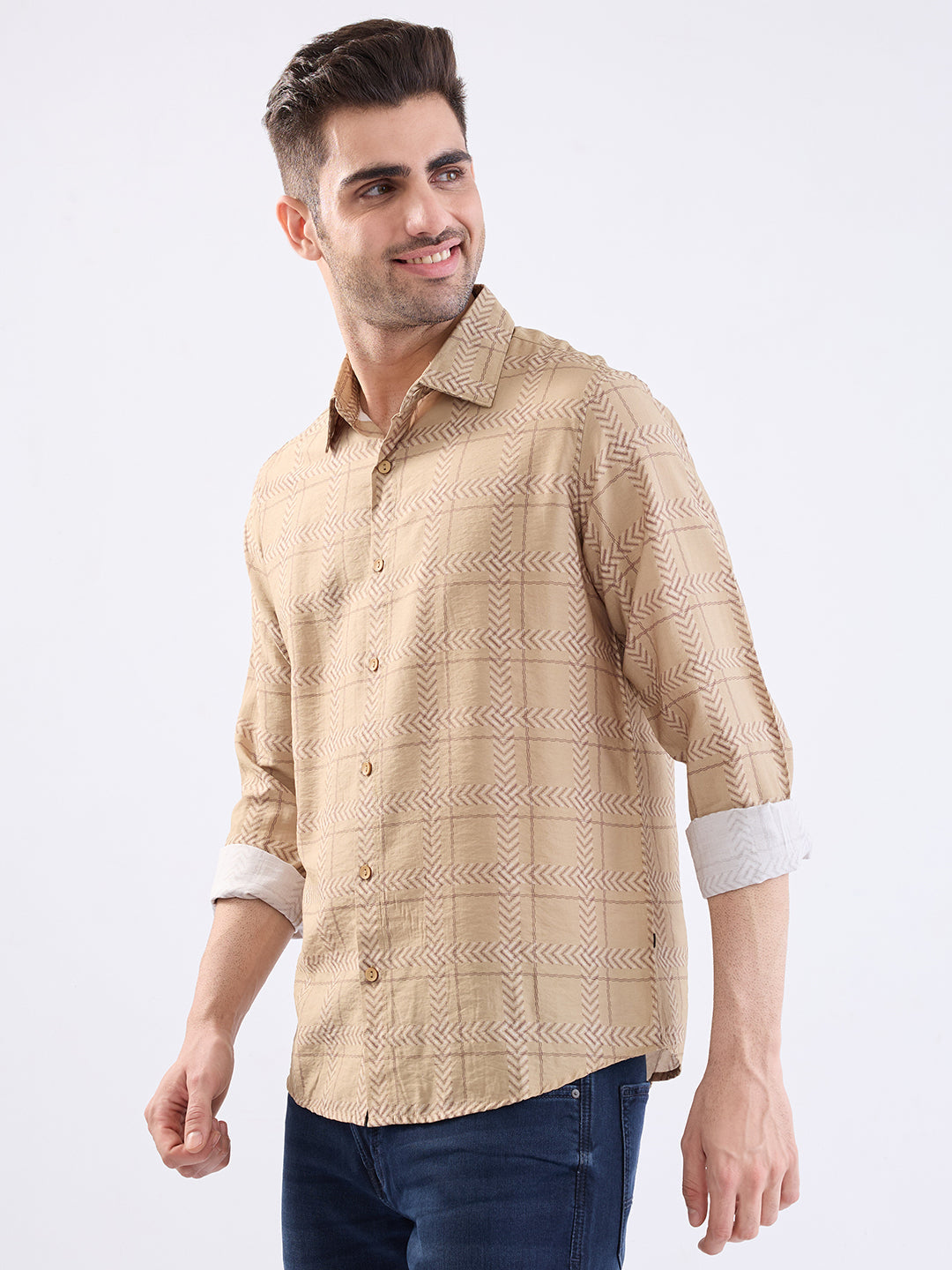 Spykar Taupe Beige Slim Fit Casual Shirts For Men