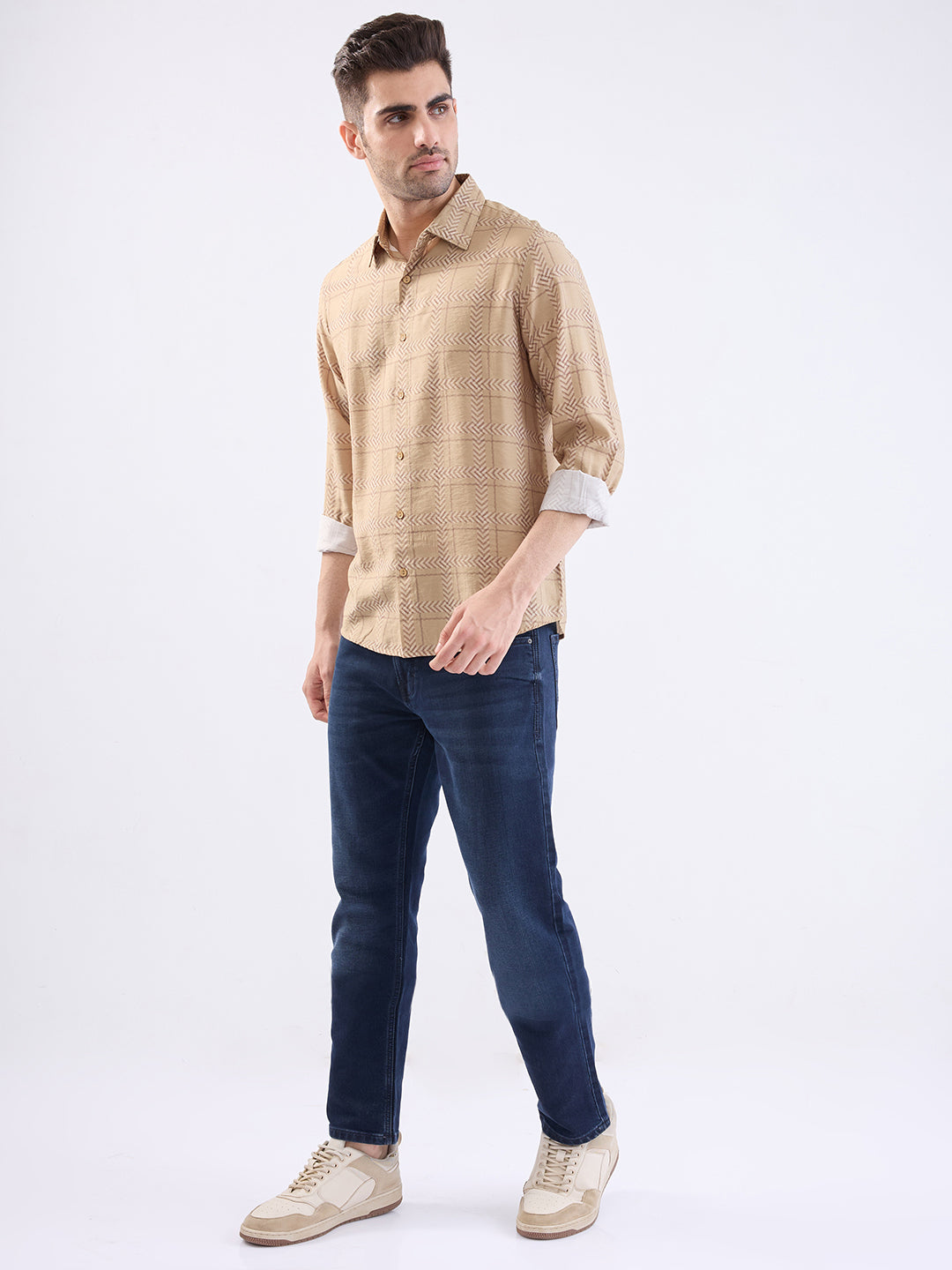 Spykar Taupe Beige Slim Fit Casual Shirts For Men