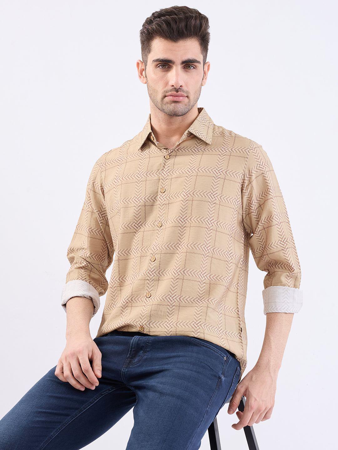 Spykar Taupe Beige Slim Fit Casual Shirts For Men
