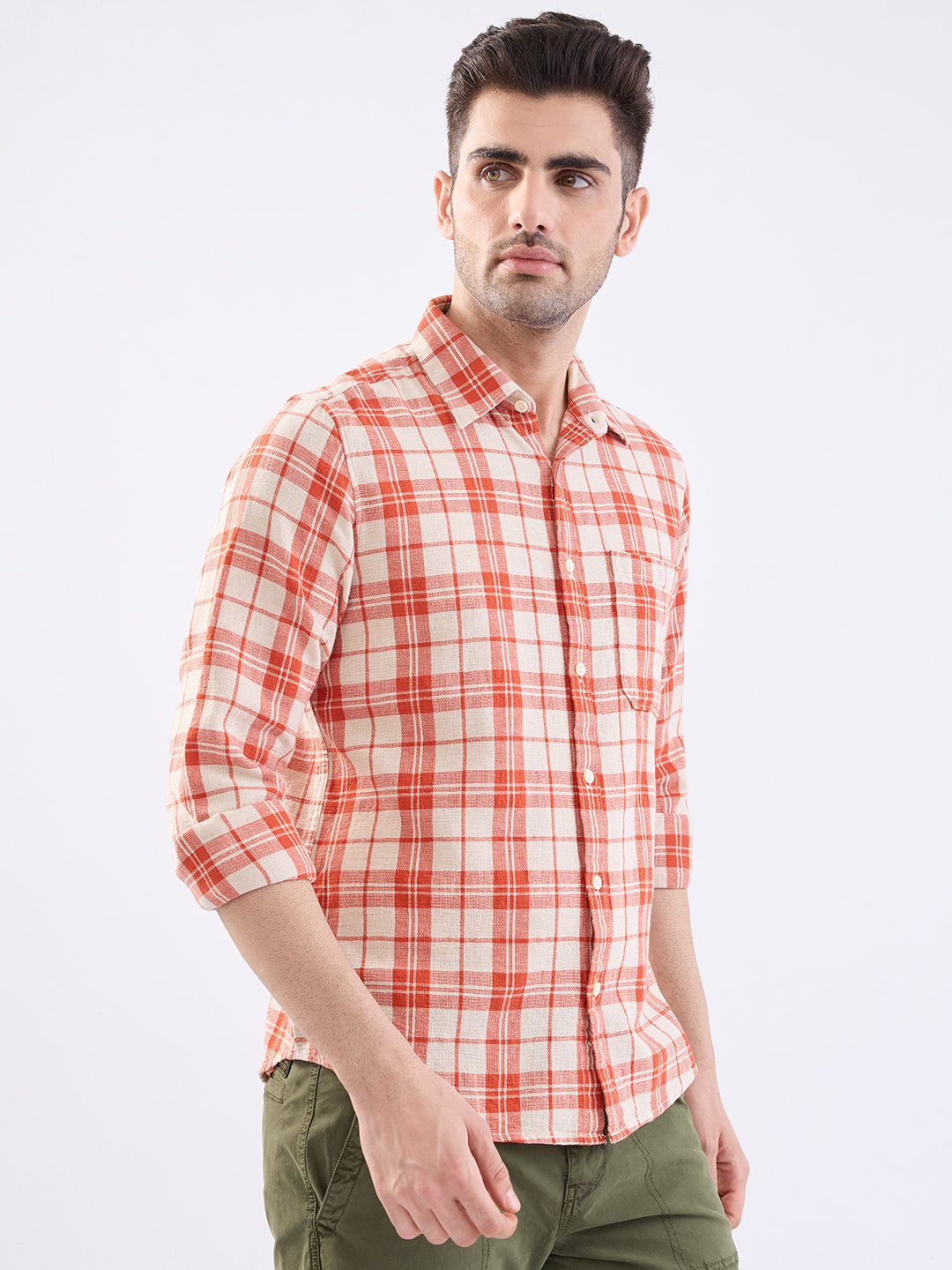 Spykar Burnt Orange Slim Fit Casual Shirts For Men
