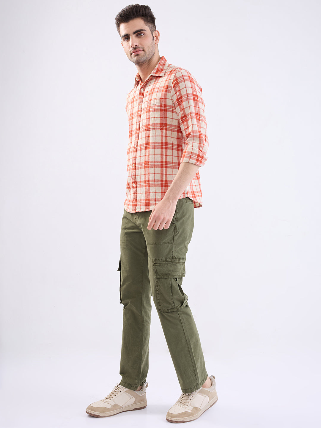 Spykar Burnt Orange Slim Fit Casual Shirts For Men